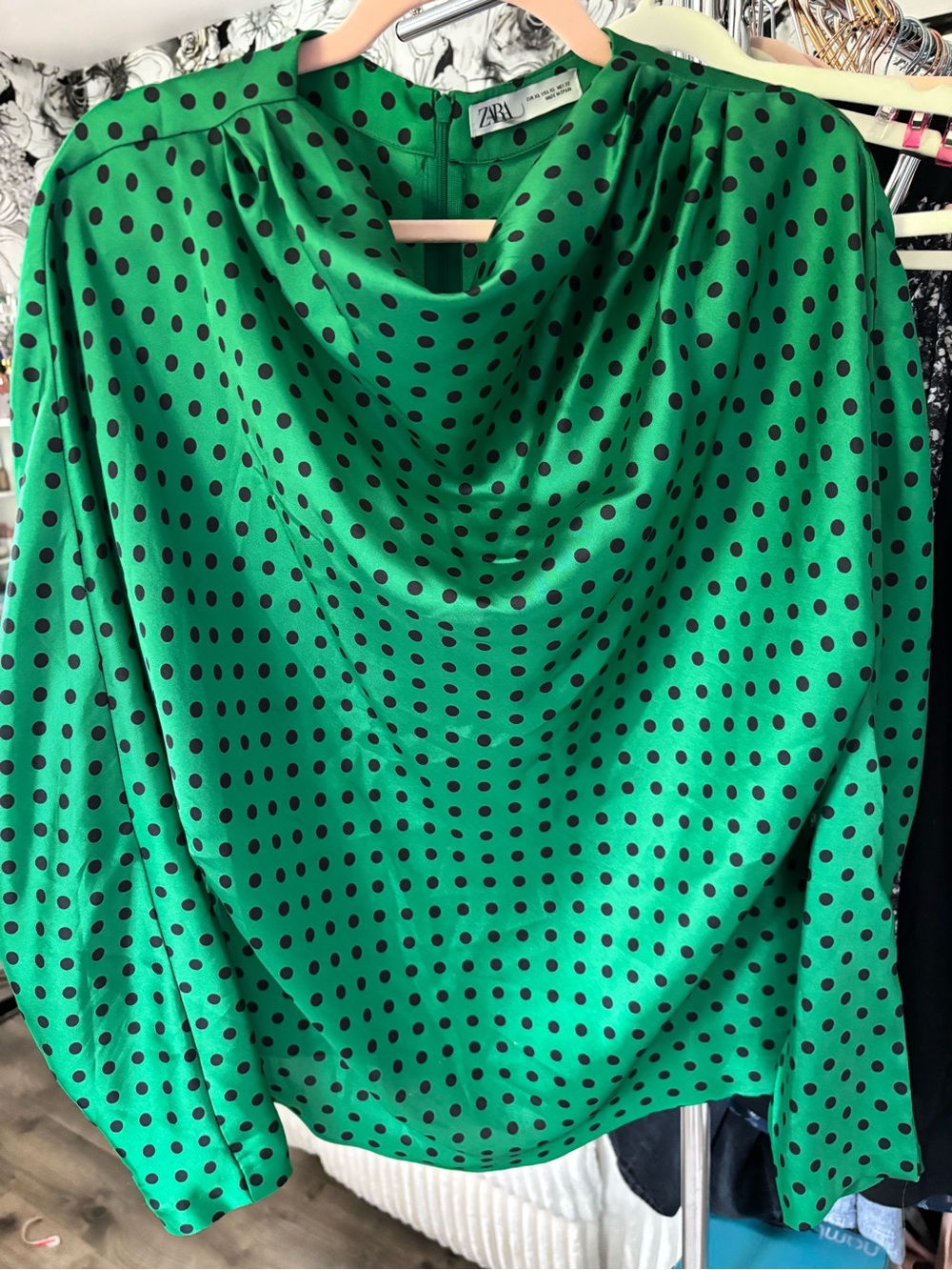 Zara Green Blouse With Navy Polka Dots